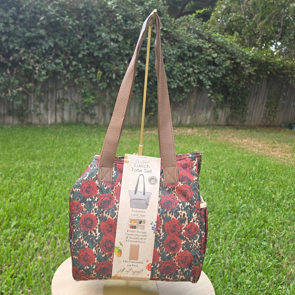 Eco One Insulated Lunch Tote Set Rose Leopard Print with Containers & Ice Pack